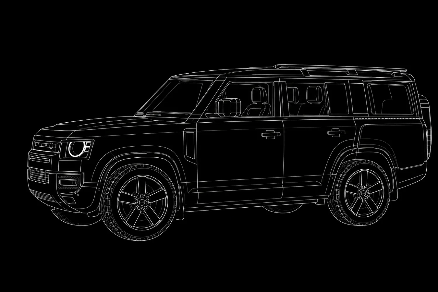 Technical line drawing of a 4×4 SUV; three rows of cabin seats visible through side windows